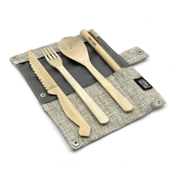 Bamboo cutlery and straw set ash