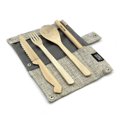 Bamboo cutlery and straw set ash