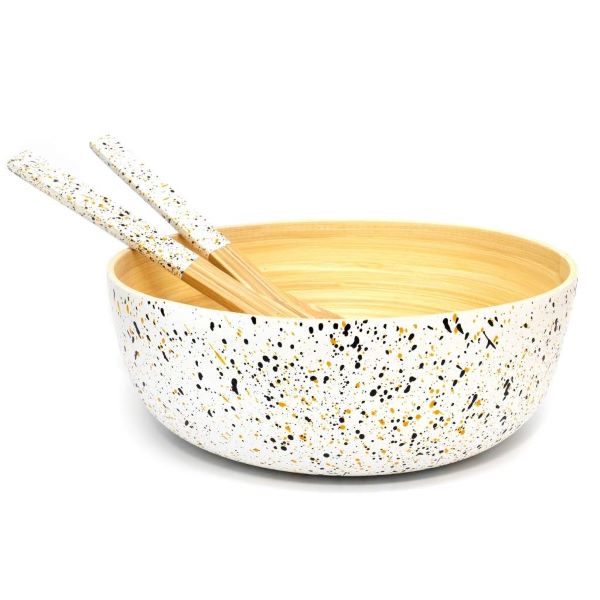 Bamboo bowl in white (white with coloured speckles on outside, bamboo inside) with salad tongs (available separately)