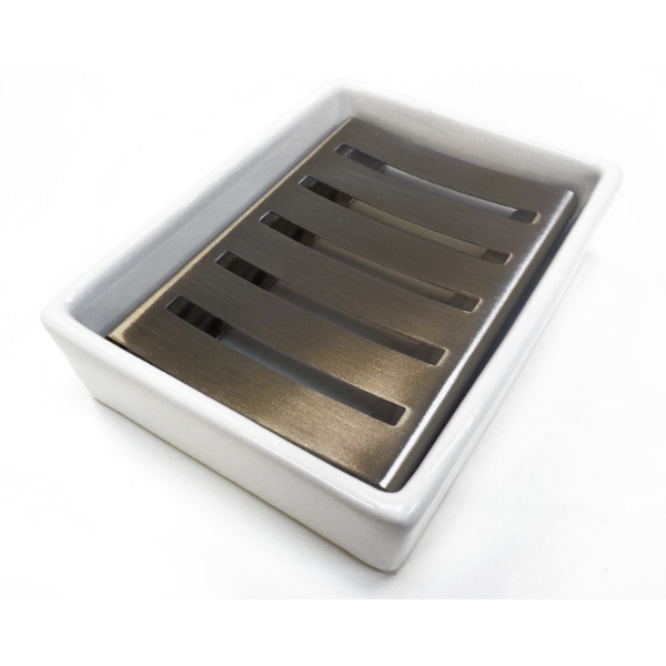 Ceramic and metal soapdish white