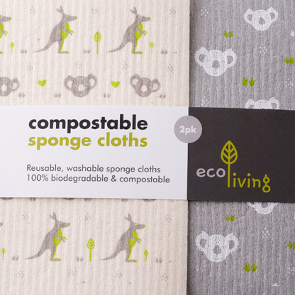 Compostable sponge cloths 2-pack (one grey koala, one white with koalas and kangaroos))