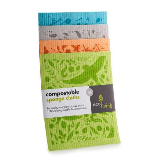 Compostable sponge cloth set Botanical Garden (a mix of 4 cloths - blue, green, orange and grey with animal designs)