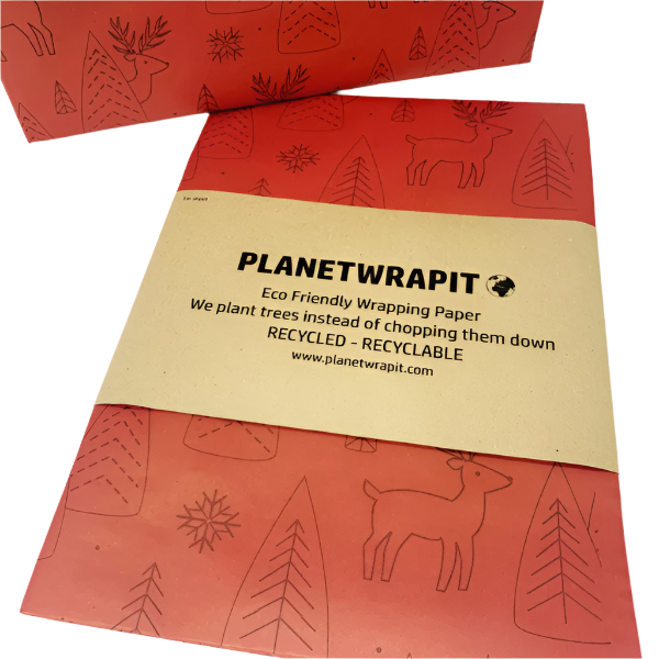 Eco-friendly Christmas wrapping paper Red with reindeer and trees in black outlines