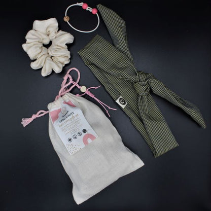 Zero waste haircare gift set showing bag and contents