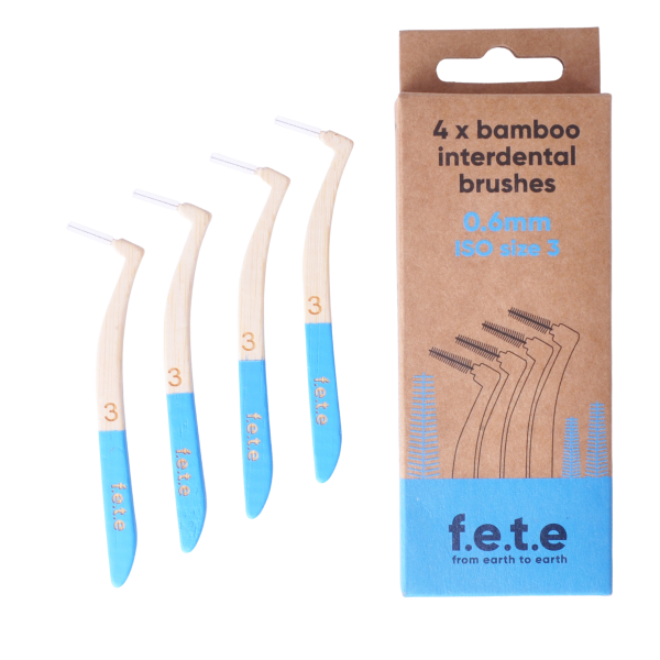 Bamboo interdental brushes set of 4 Size 3 0.6mm shown alongside cardboard box