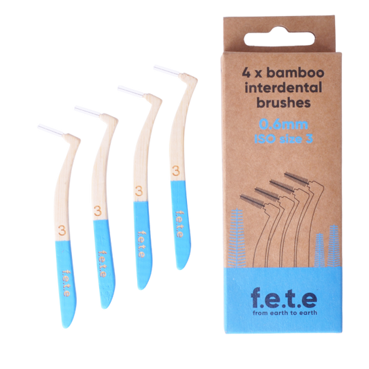Bamboo interdental brushes set of 4 Size 3 0.6mm shown alongside cardboard box