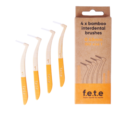 Bamboo interdental brushes set of 4 Size 1 0.45mm shown alongside cardboard box