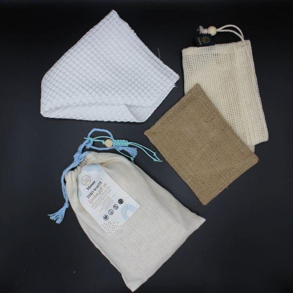 Zero waste kitchen gift set showing bag and contents