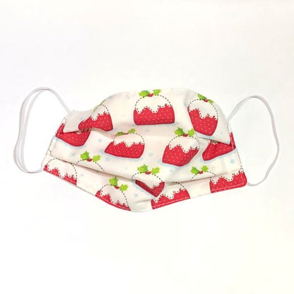 Reusable face mask Christmas pudding - a white background with colourful Christmas puddings