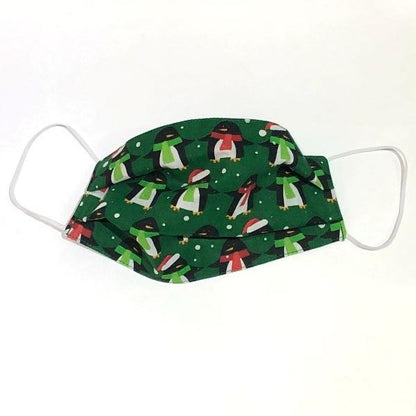 Reusable face mask Penguins - green background with colourful penguins wearing scarves
