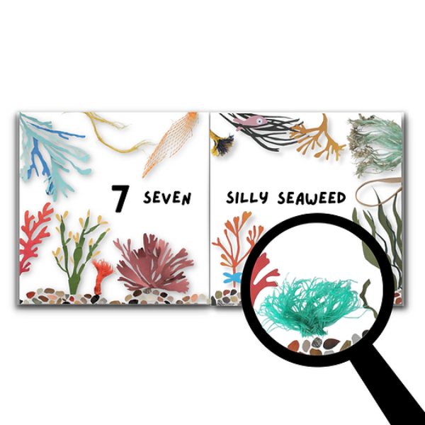 One Planet conscious counting book with magnifying glass showing hidden plastic image