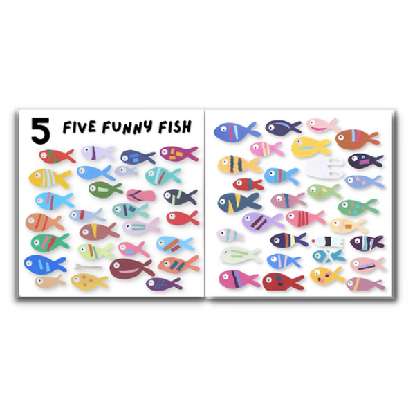 One Planet conscious counting book open at 'Five funny fish'