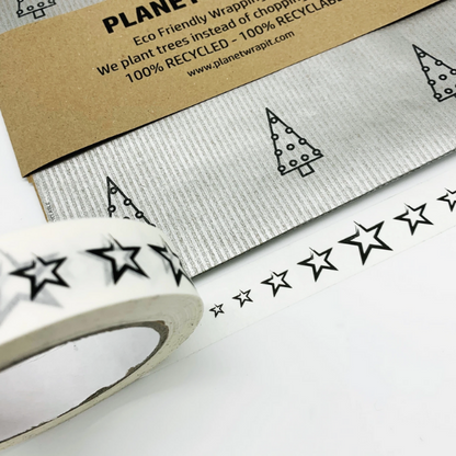 Eco-friendly paper tape White with stars next to silver wrapping paper