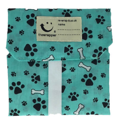 Puppy Paws sandwich wrapper (turquoise background with black dog paw prints and white bones)