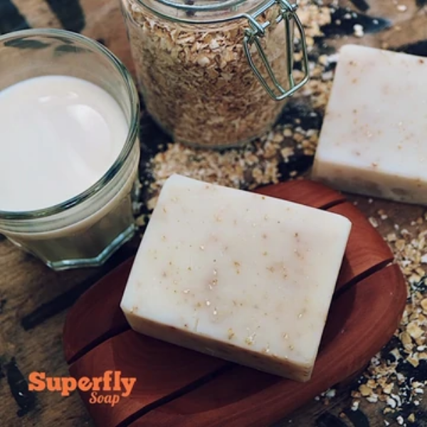 Superfly eco-friendly soap bar Oat milk shown alongside oats and oat milk