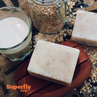 Superfly eco-friendly soap bar Oat milk shown alongside oats and oat milk