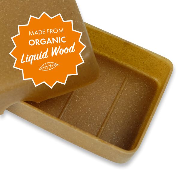 Liquid wood soap box showing lid off and text saying 'Made from organic wood'