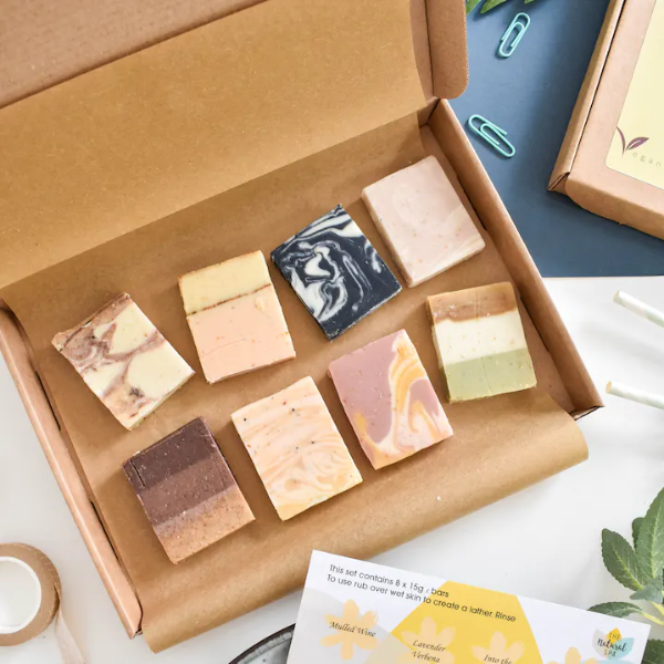 Plastic-free and vegan soap sampler gift set showing the 8 bars inside