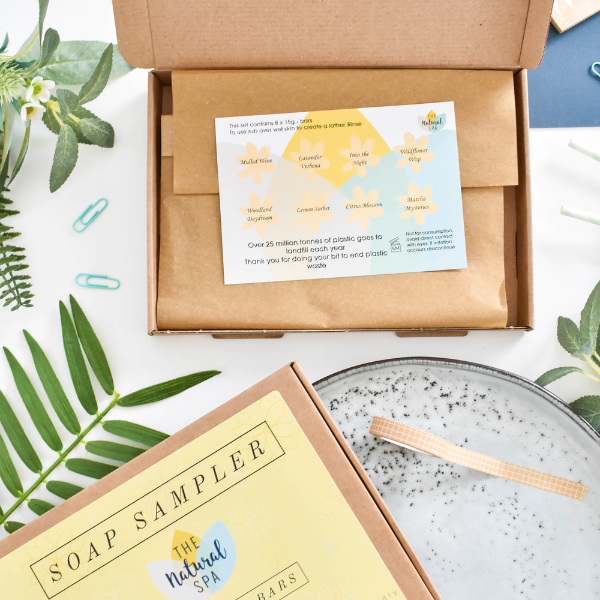 Plastic-free and vegan soap sampler gift set showing info card inside