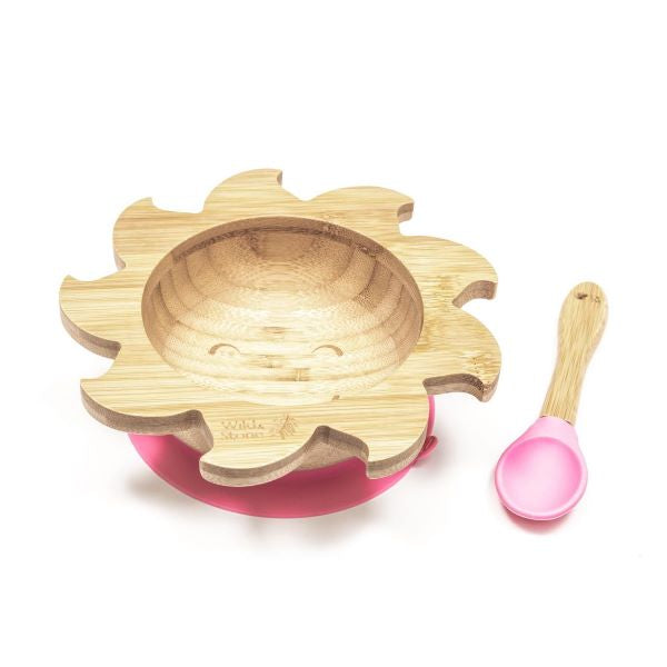 Eco-friendly bamboo baby bowl and silicone spoon set Pink