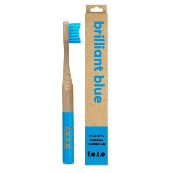 Child's bamboo toothbrush Brilliant blue (blue bristles and tip of brush) shown alongside cardboard packaging