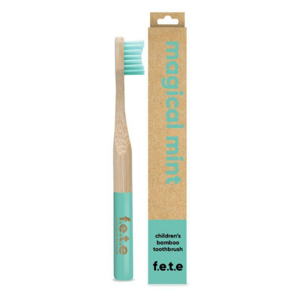 Child's bamboo toothbrush Magical mint (mint bristles and tip of brush) shown alongside cardboard packaging