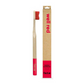Bamboo toothbrush well red (red bristles and tip of brush) shown alongside cardboard box