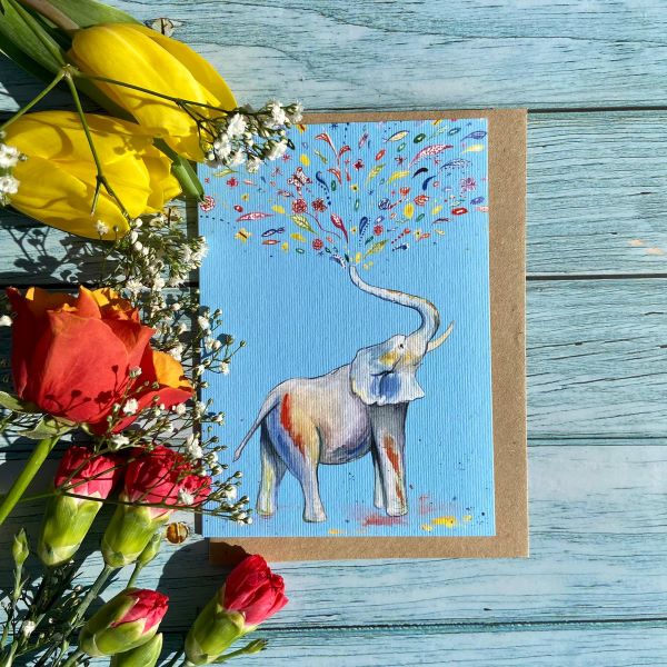 Eco card Eli the Elephant Blue background