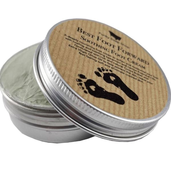 Soothing foot cream in aluminium tin 'Best foot forward' lid off
