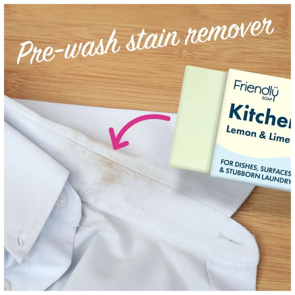 Friendly Soap kitchen bar soap next to some laundry with words 'Pre-wash stain remover]