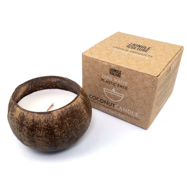 Natural eco-friendly candle in coconut shell with cotton storage bag and cardboard box