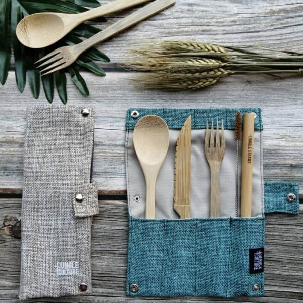 Bamboo cutlery set Marine shown open with cutlery and straw inside